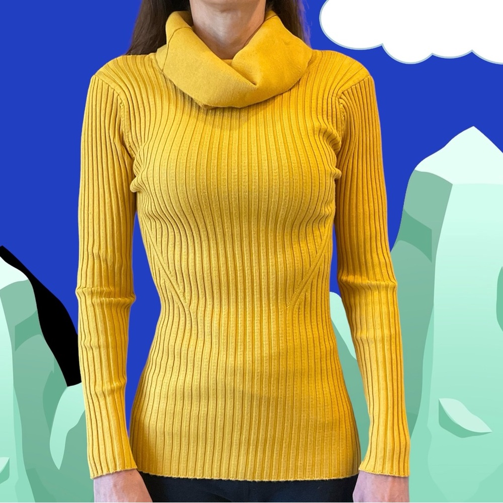 Cowl Neck Sweater Ribbed, Yellow, soft, lots of stretch, with sunscreen, Sz S - Picture 1 of 7